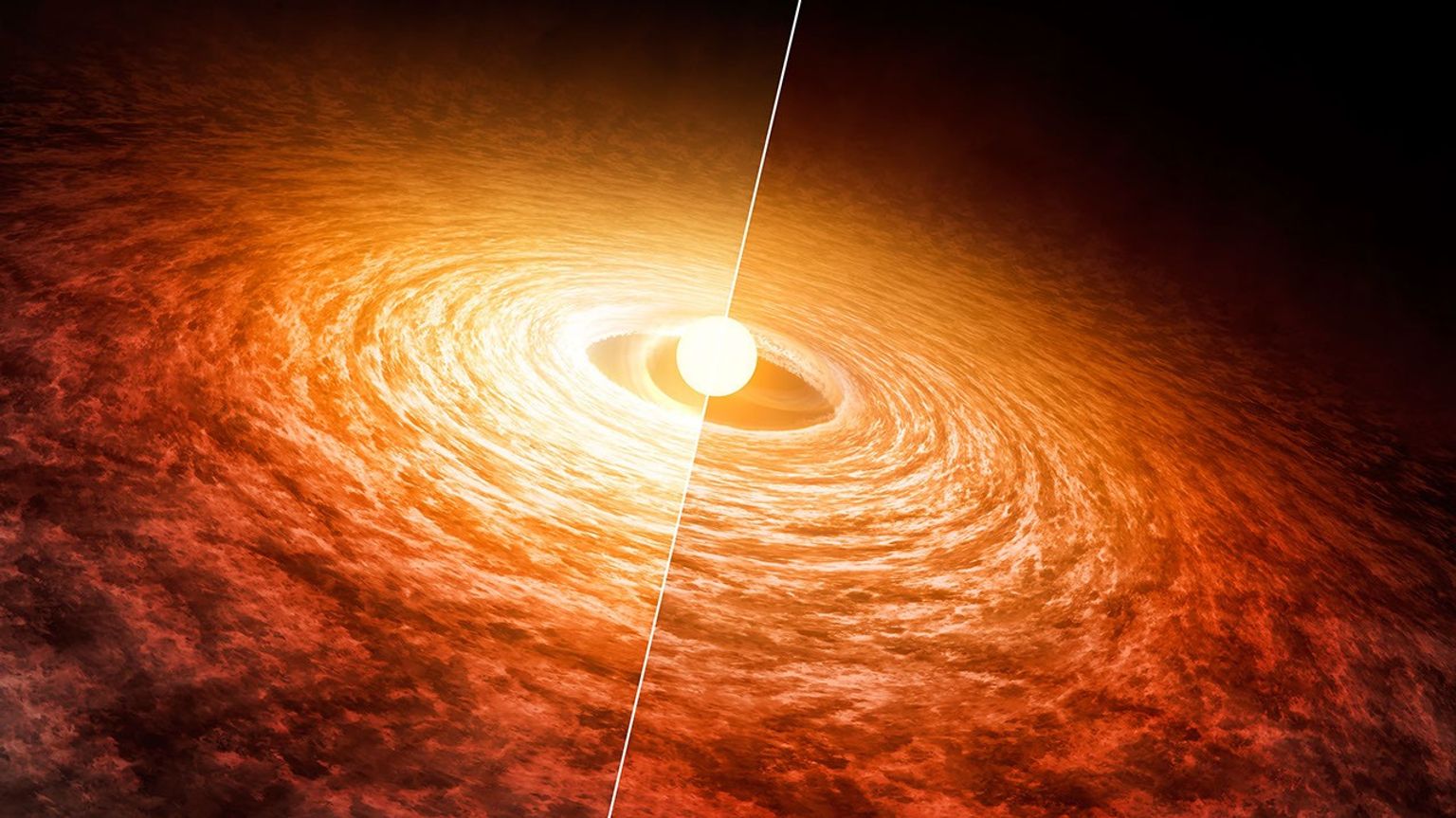 This artist's concept, based on data from NASA's Spitzer Space Telescope, illustrates how the brightness of outburstingstar FU Orionis has been slowly fading since its initial flare-up in 1936.