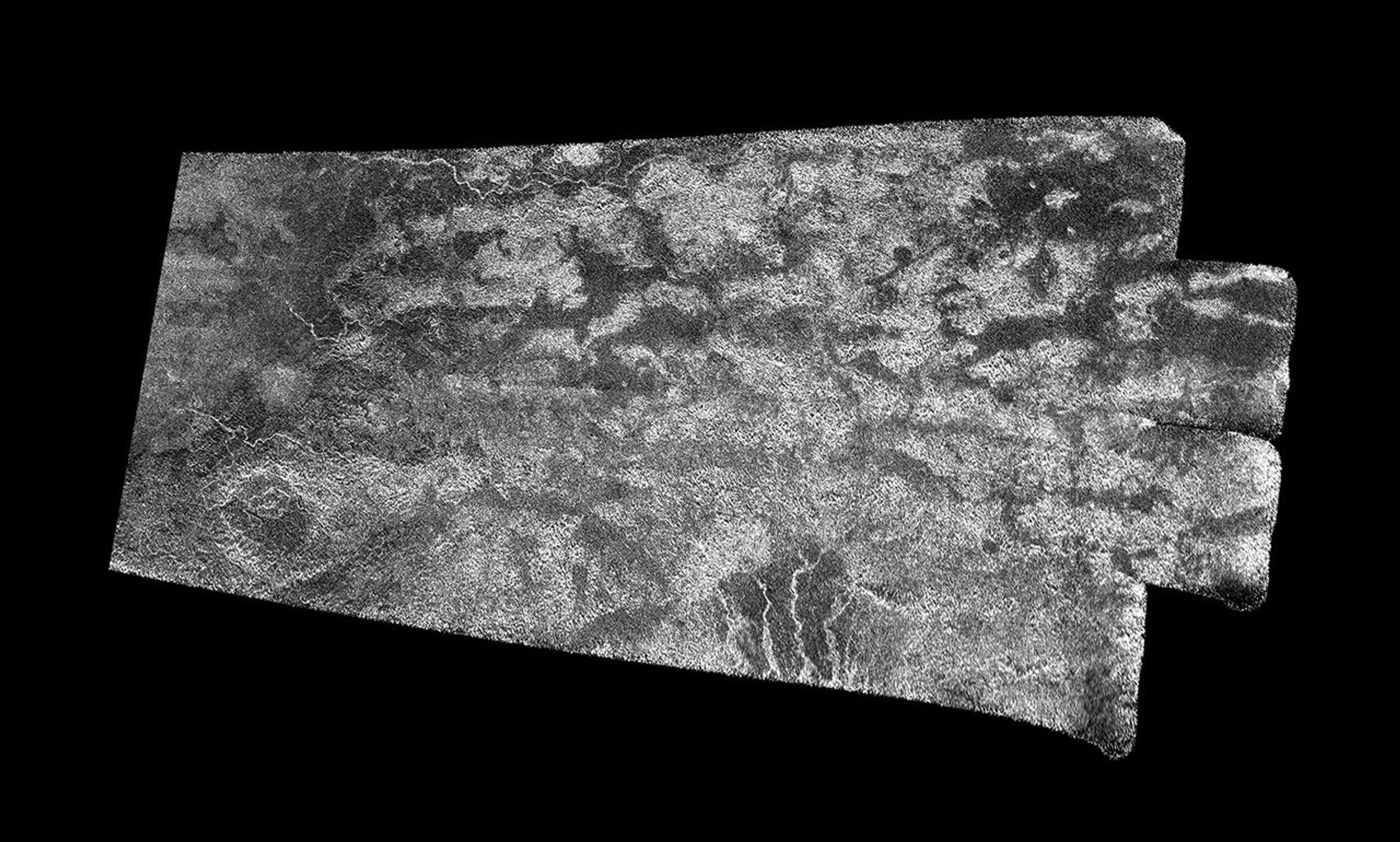 This synthetic-aperture radar (SAR) image was obtained by NASA's Cassini spacecraft on July 25, 2016, during its 'T-121' pass over Titan's southern latitudes. The image shows an area nicknamed the 'Xanadu annex' by members of the Cassini radar team.