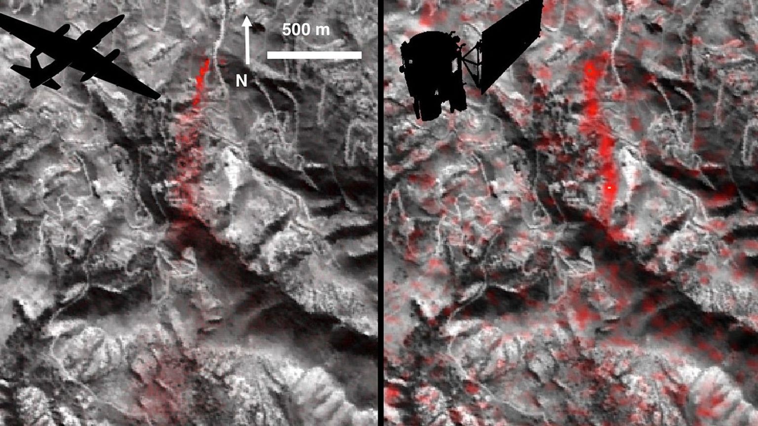 Comparison of detected methane plumes over Aliso Canyon, California, acquired 11 days apart in Jan. 2016 by NASA's AVIRIS and Hyperion instruments on NASA satellites in low-Earth orbit.