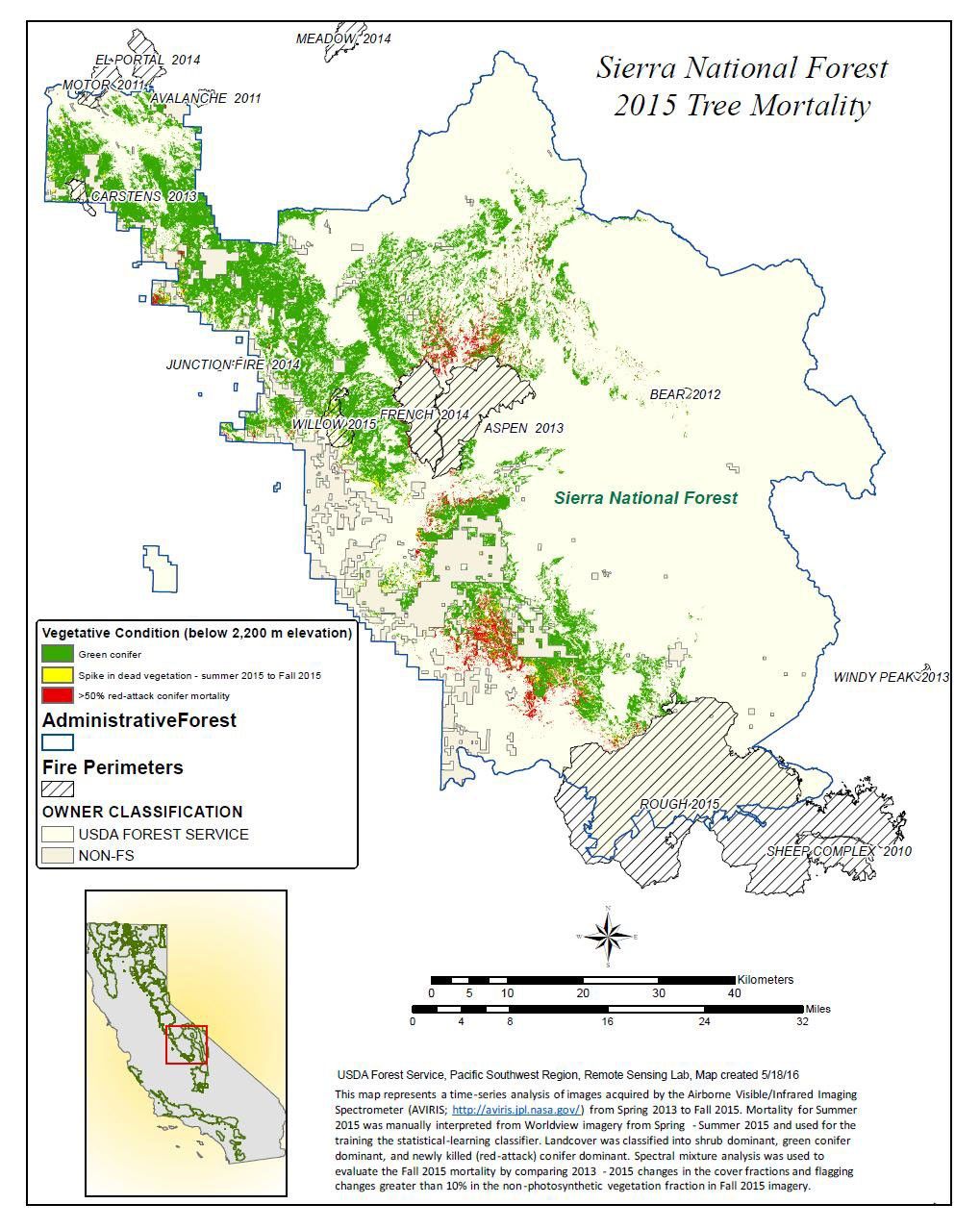 A new map created with measurements from an airborne instrument developed by NASA's Jet Propulsion Laboratory, Pasadena, California, reveals the devastating effect of California's ongoing drought on Sierra Nevada conifer forests.
