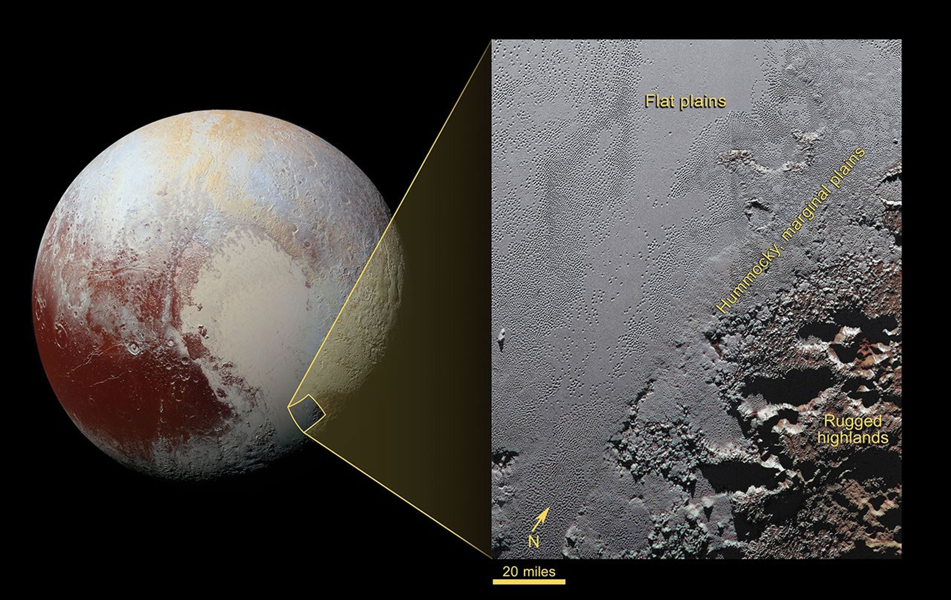 This enhanced color view from NASA's New Horizons spacecraft zooms in on the southeastern portion of Pluto's great ice plains, where at lower right the plains border rugged, dark highlands informally named Krun Macula.