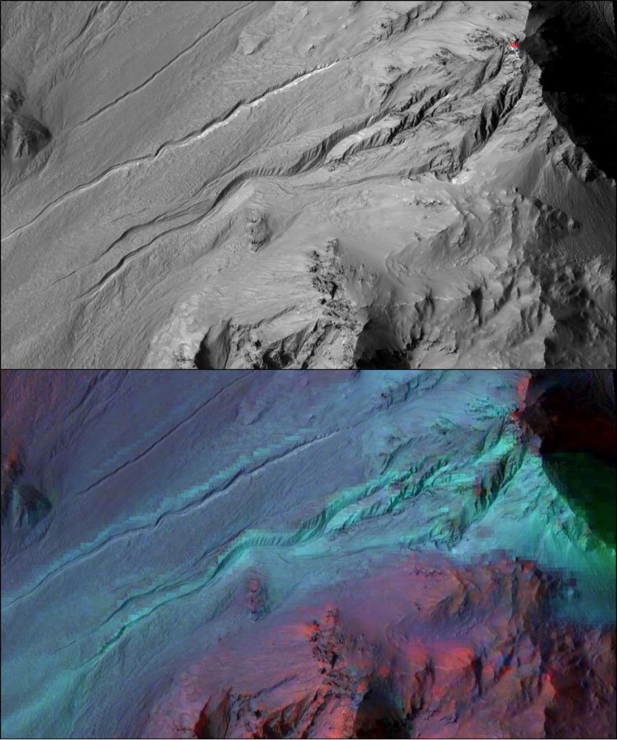 Martian gullies as seen in the top image from NASA's Mars Reconnaissance Orbiter resemble gullies on Earth that are carved by liquid water.
