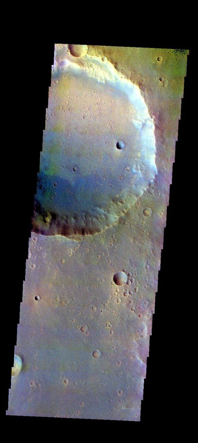 The THEMIS camera contains 5 filters. The data from different filters can be combined in multiple ways to create a false color image. This image from NASA's 2001 Mars Odyssey spacecraft shows part of Bamba Crater located in Xanthe Terra.