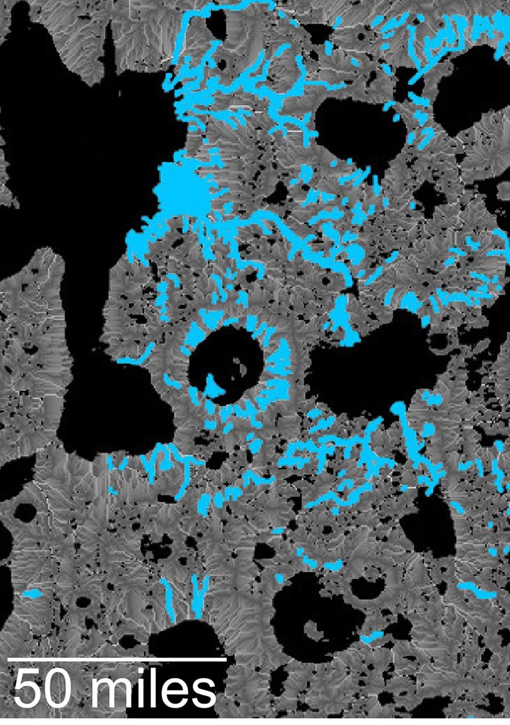 This map of an area within the Arabia Terra region on Mars shows where hydrologic modeling predicts locations of depressions that would have been lakes (black), overlaid with a map of the preserved valleys (blue lines) that would have been streams.