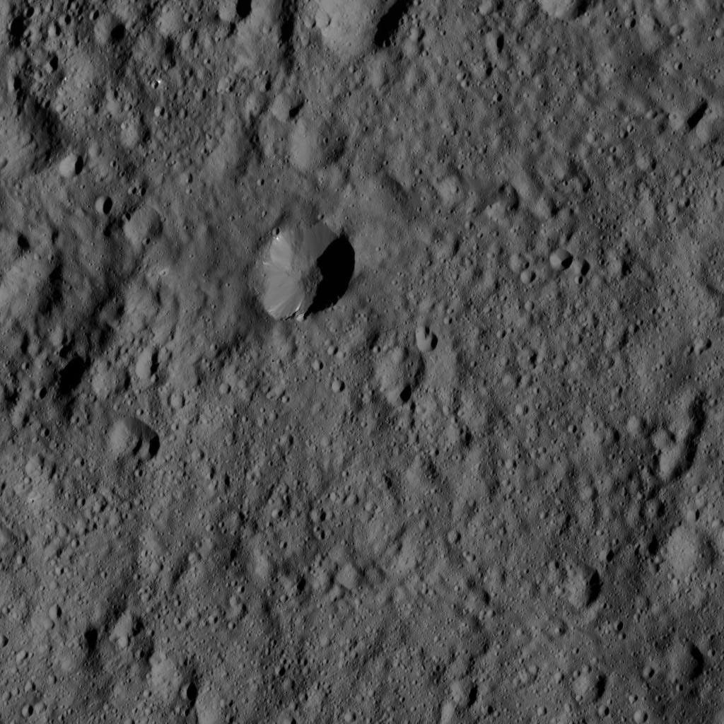 This view from NASA's Dawn spacecraft shows terrain near the center of the crater Vinotonus in Ceres' northern hemisphere. Vinotonus is named for a Celtic god of vines known from Britain.