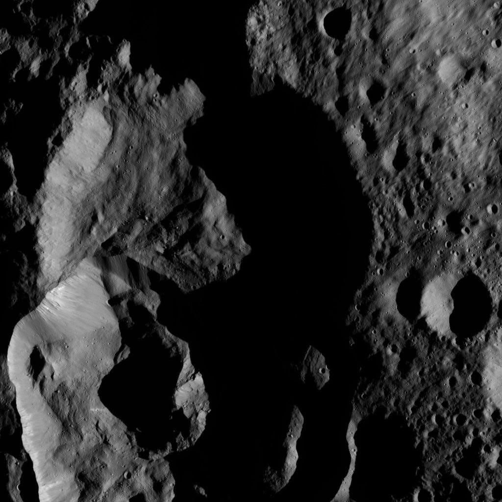 NASA's Dawn spacecraft captured this tortured landscape just south of Ghanan Crater on Ceres on May 28, 2016, at a distance of about 240 miles (385 kilometers) above the surface.