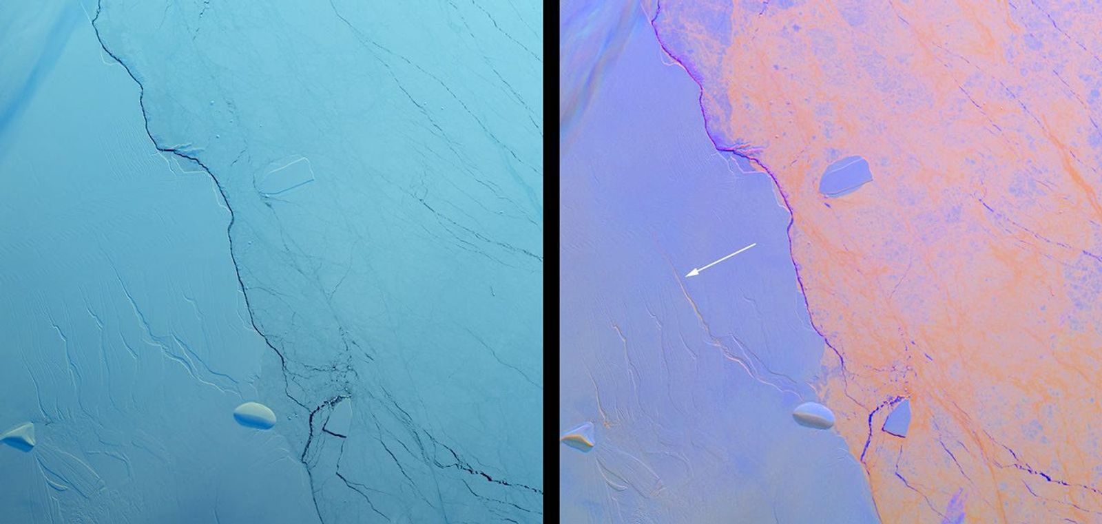 These images from NASA's Terra satellite shows a large crack in the Larsen C shelf that has grown by another 13 miles in the past six months. Larsen C is the fourth largest ice shelf in Antarctica.