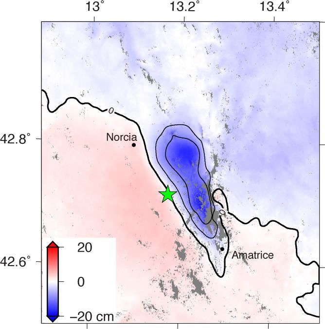 This map, based on data from NASA's ARIA data system (with modiffied Copernicus data), shows the magnitude 6.2 Amatrice earthquake in central Italy.