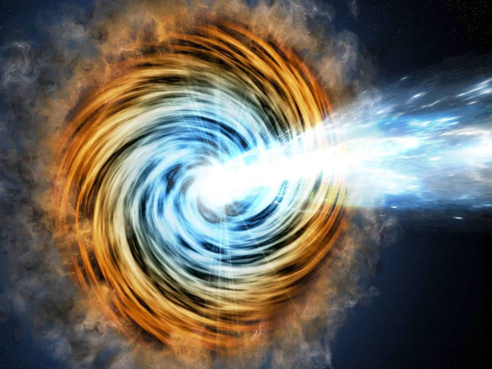 Black-hole-powered galaxies called blazars are the most common sources detected by NASA's Fermi Gamma-ray Space Telescope as shown in this artist's concept.