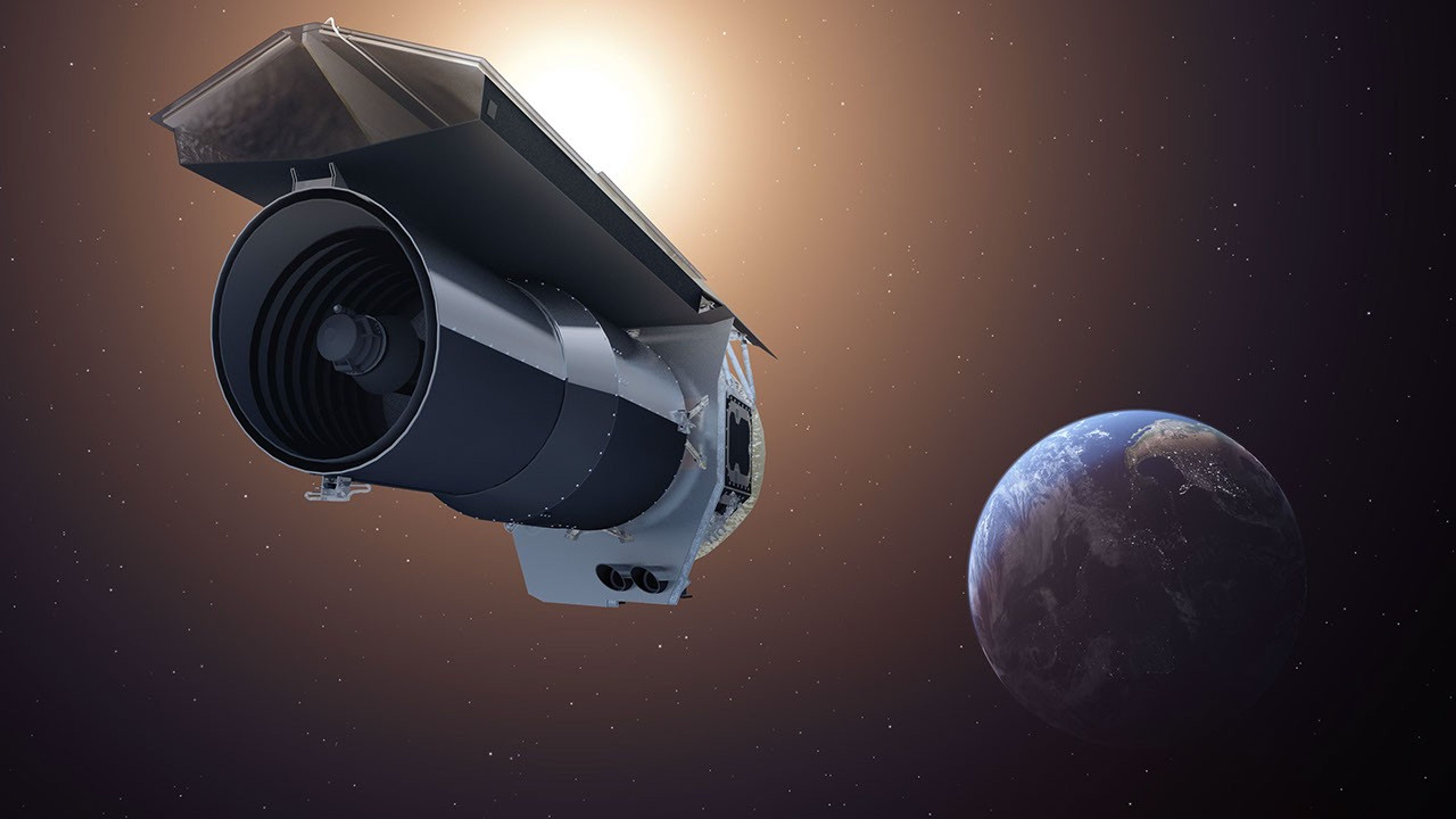 This artist's concept shows NASA's Spitzer Space Telescope. Spitzer begins its 'Beyond' mission phase on Oct. 1, 2016. Spitzer is depicted in the orientation it assumes to establish communications with ground stations.