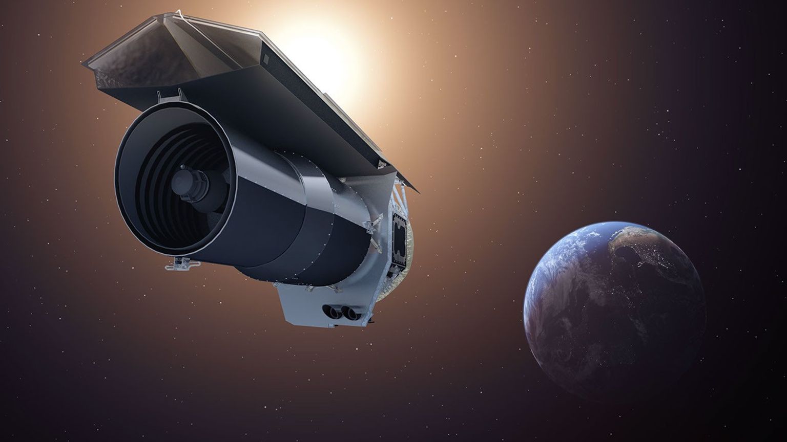 This artist's concept shows NASA's Spitzer Space Telescope. Spitzer begins its 'Beyond' mission phase on Oct. 1, 2016. Spitzer is depicted in the orientation it assumes to establish communications with ground stations.