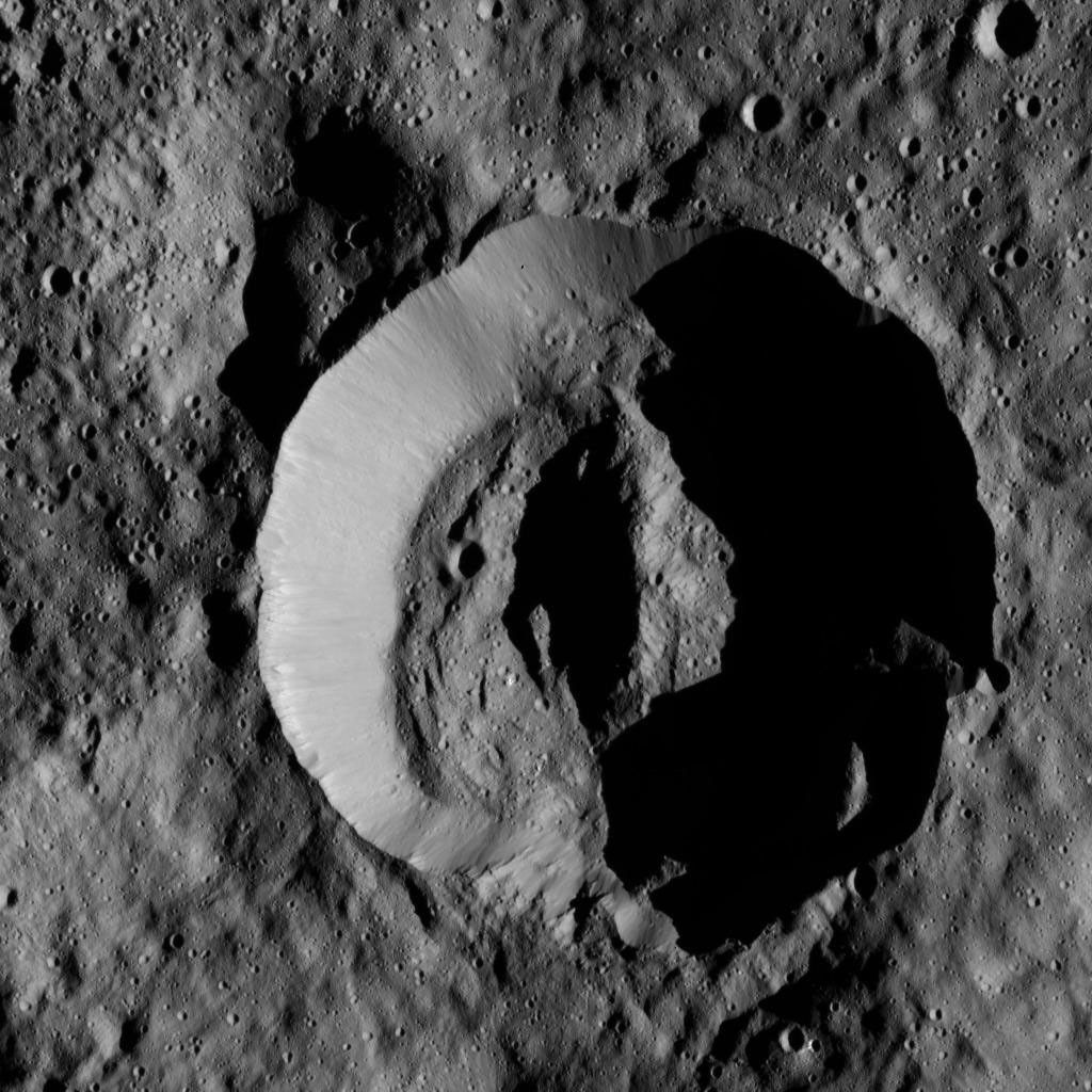 NASA's Dawn spacecraft obtained this view of Laukumate Crater (19 miles, 30 kilometers wide) on Ceres on June 2, 2016. Laukumate is named for a Latvian goddess of agriculture.