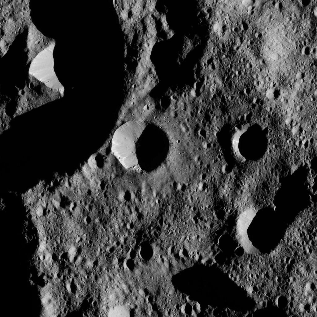 This view from NASA's Dawn spacecraft shows terrain in the northern hemisphere of Ceres, near Jarovit Crater. This image was taken on June 2, 2016, at a distance of about 240 miles (385 kilometers) above the surface.