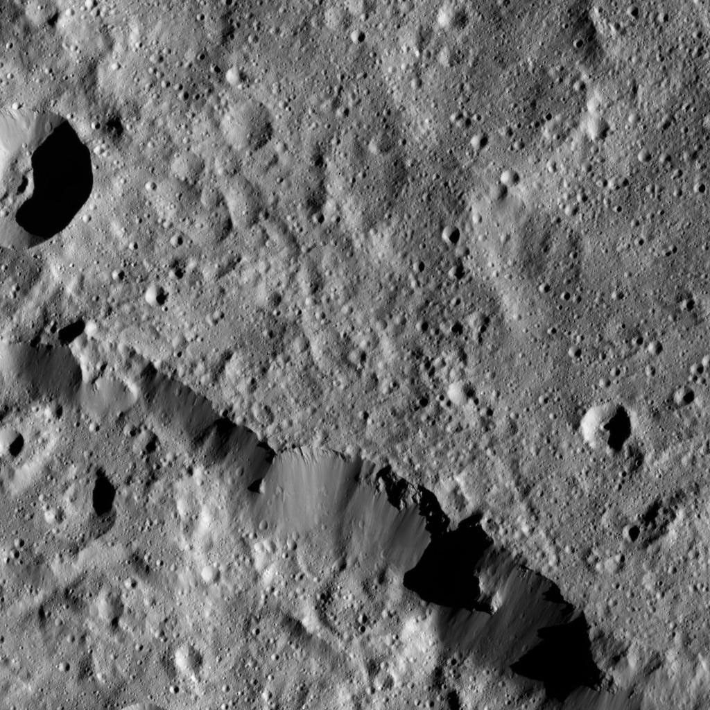 NASA's Dawn spacecraft views a portion of the northern rim of Urvara Crater (101 miles, 163 kilometers wide) in this scene from Ceres taken on June 3, 2016, at a distance of about 240 miles (385 kilometers) above the surface.