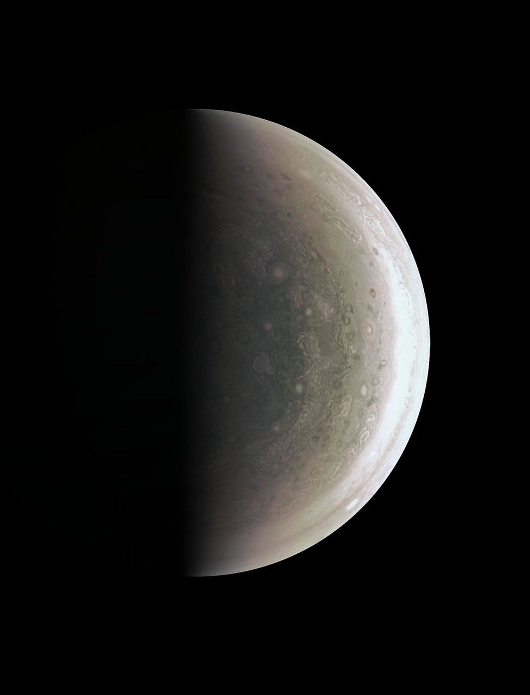 NASA's Juno spacecraft acquired this view of Jupiter's south polar region about an hour after closest approach on Aug. 27, 2016, when the spacecraft was about 58,700 miles (94,500 kilometers) above the cloud tops.