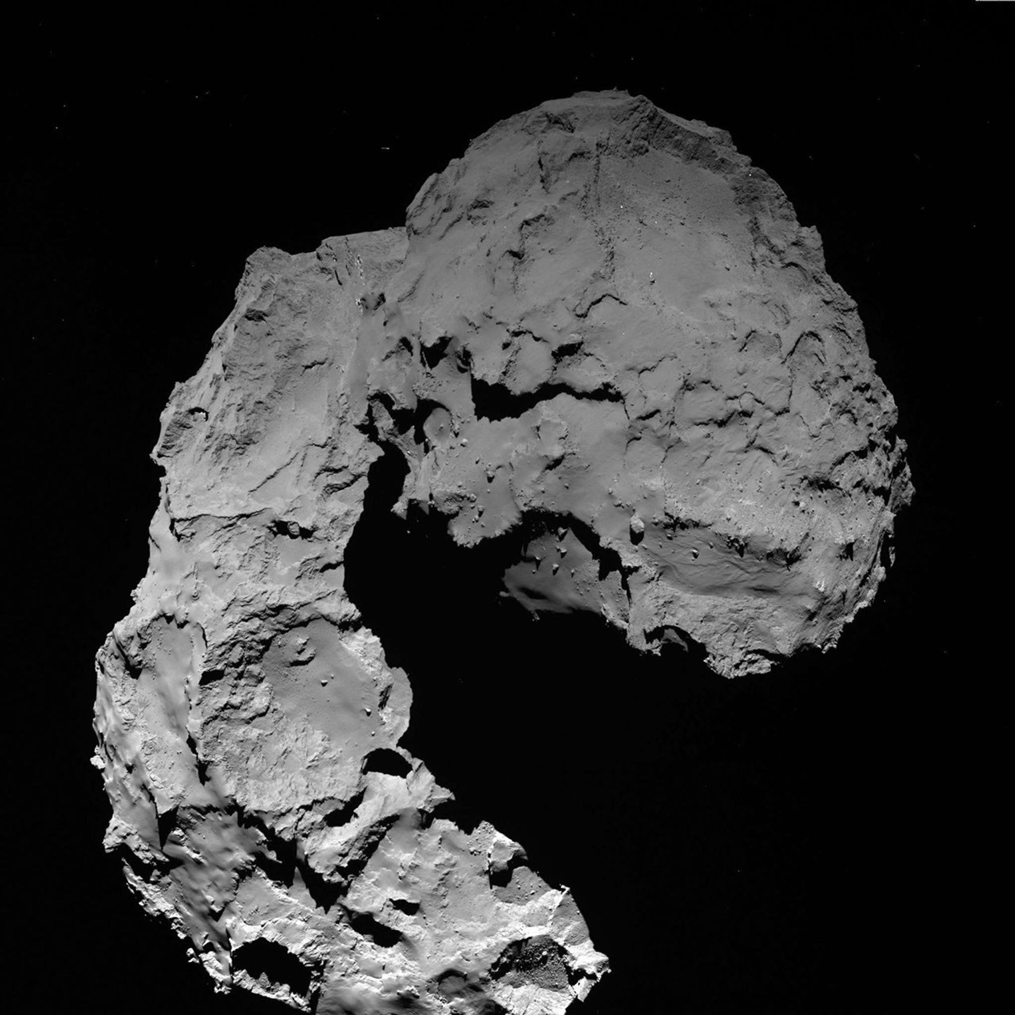 This view shows Comet 67P/Churyumov-Gerasimenko as seen by the OSIRIS wide-angle camera on ESA's Rosetta spacecraft on September 29, 2016, when Rosetta was at an altitude of 14 miles (23 kilometers).