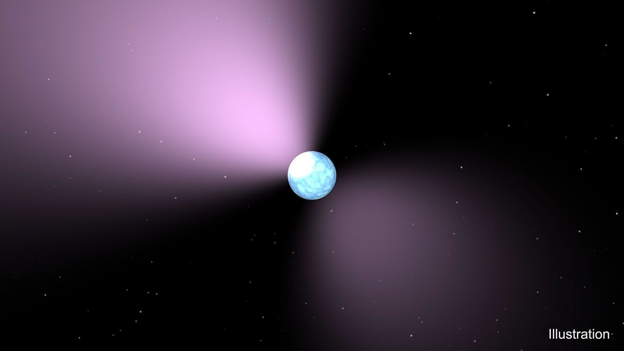 Artist illustration of a pulsar showing a rapidly rotating neutron star with twin beams of radiation streaming from its magnetic poles, sweeping through space like a cosmic lighthouse