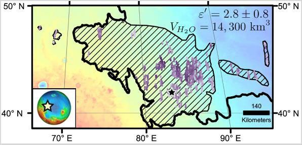 Diagonal striping on this map of a portion of the Utopia Planitia region on Mars indicates the area where a large subsurface deposit rich in water ice was assessed using the Shallow Radar instrument on NASA's Mars Reconnaissance Orbiter.