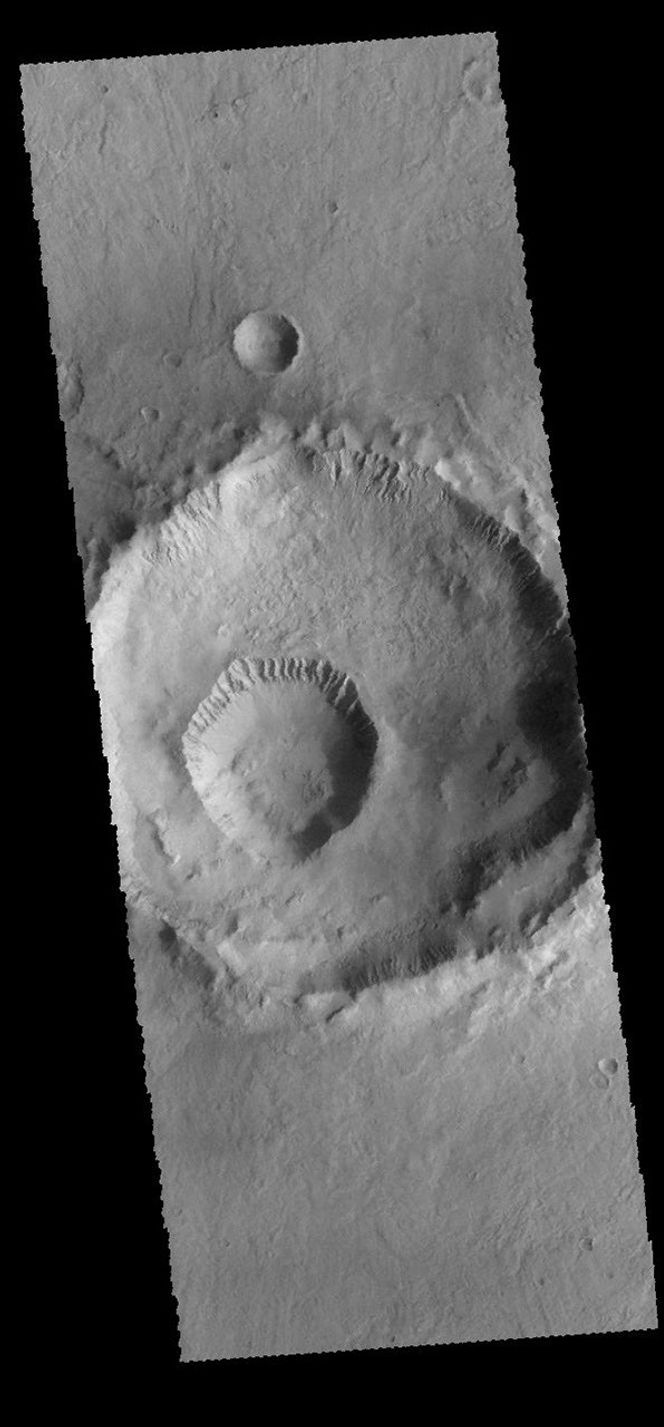 The smaller crater within the larger crater is called Gasa Crater, as shown in this image from NASA's 2001 Mars Odyssey spacecraft.
