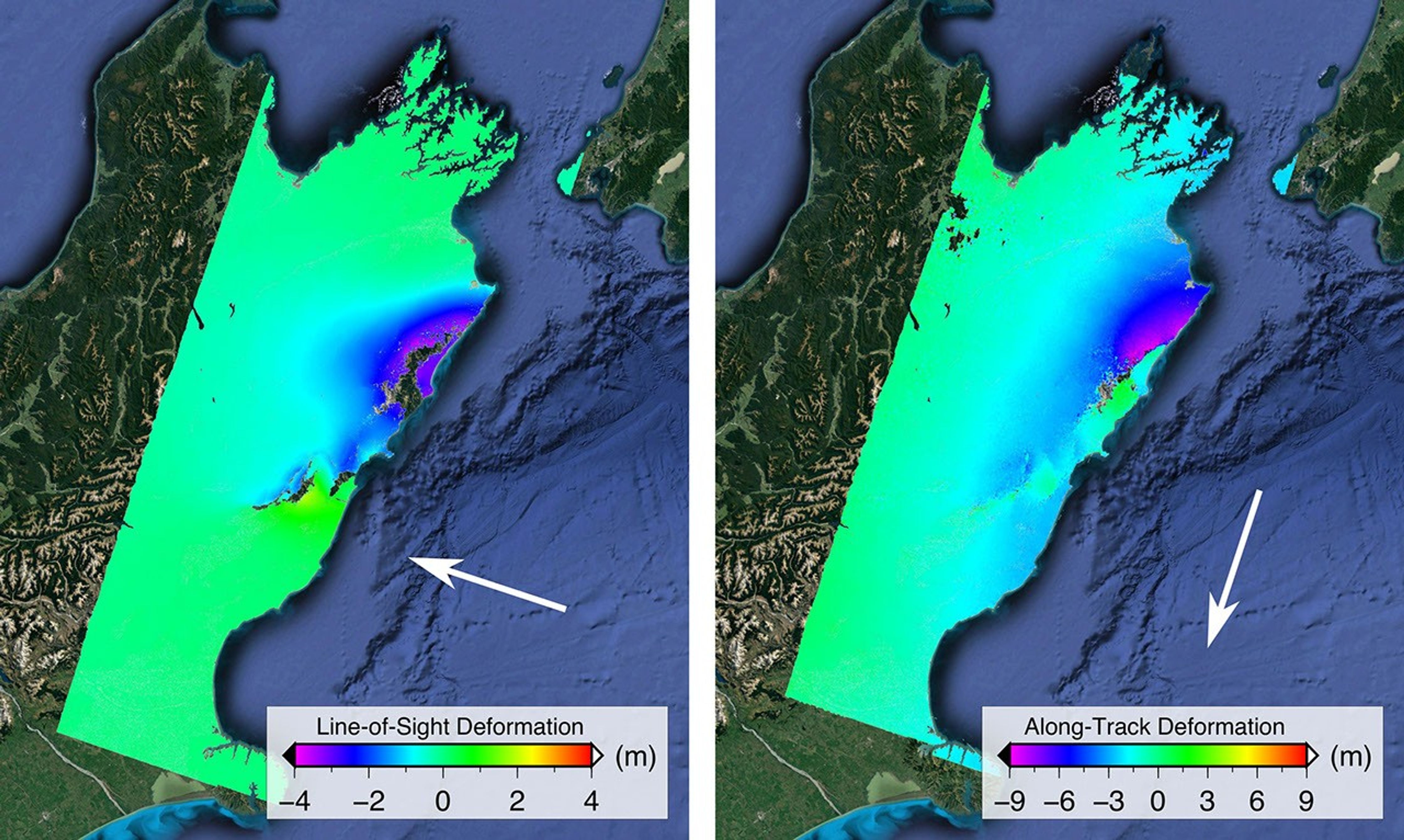 These false-colored maps from ALOS 2 show surface displacements proportional to the surface motion. The arrows show the direction of the radar motion measurement.
