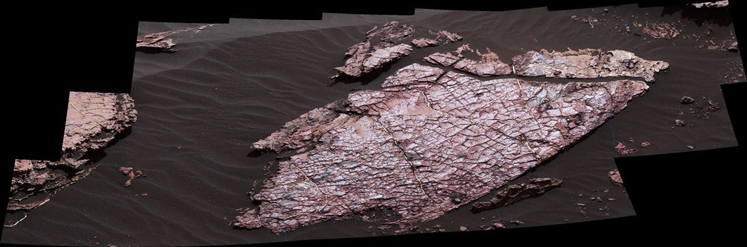 This view of a Martian rock slab called 'Old Soaker,' which has a network of cracks that may have originated in drying mud, comes from the Mast Camera (Mastcam) on NASA's Curiosity Mars rover.