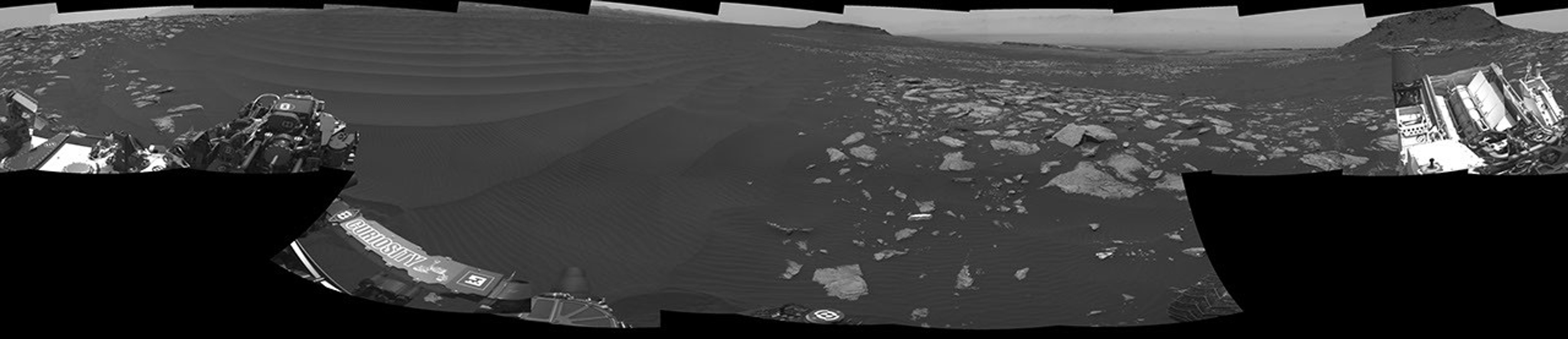 The left side of this 360-degree panorama from NASA's Curiosity Mars rover shows the long rows of ripples on a linear shaped dune in the Bagnold Dune Field on the northwestern flank of Mount Sharp.