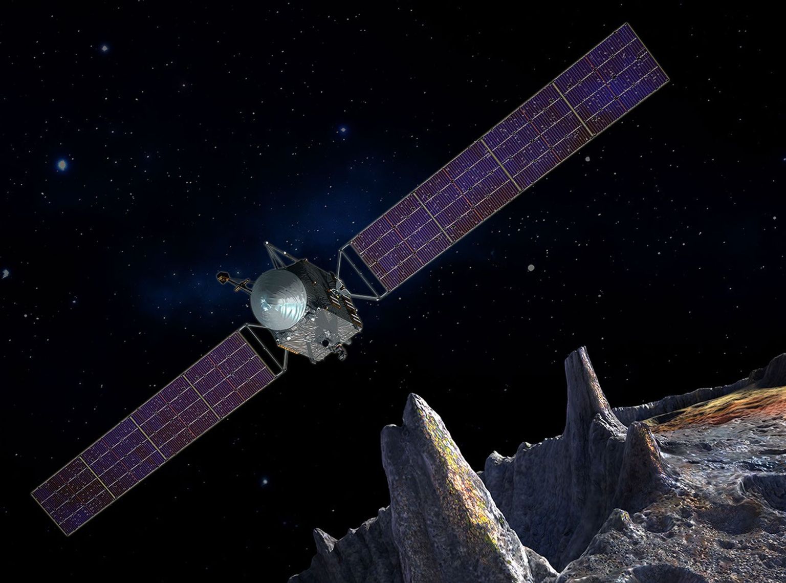 Artist's concept of the Psyche spacecraft, which will conduct a direct exploration of an asteroid thought to be a stripped planetary core.