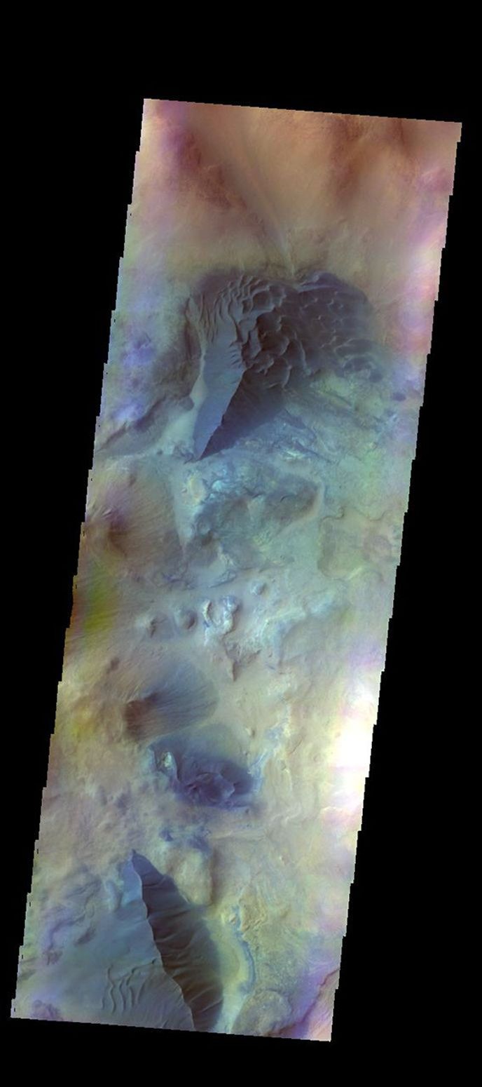 This false color image from NASA's 2001 Mars Odyssey spacecraft shows many areas of dunes and sand sheets with dune forms between hills in this region west of Argyre Planitia.