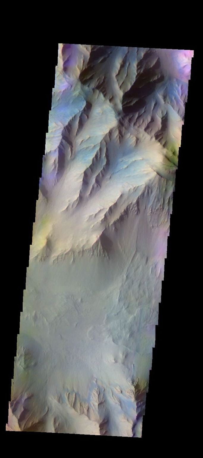 The THEMIS camera contains 5 filters. The data from different filters can be combined in multiple ways to create a false color image. This image from NASA's 2001 Mars Odyssey spacecraft shows part of Coprates Chasma.