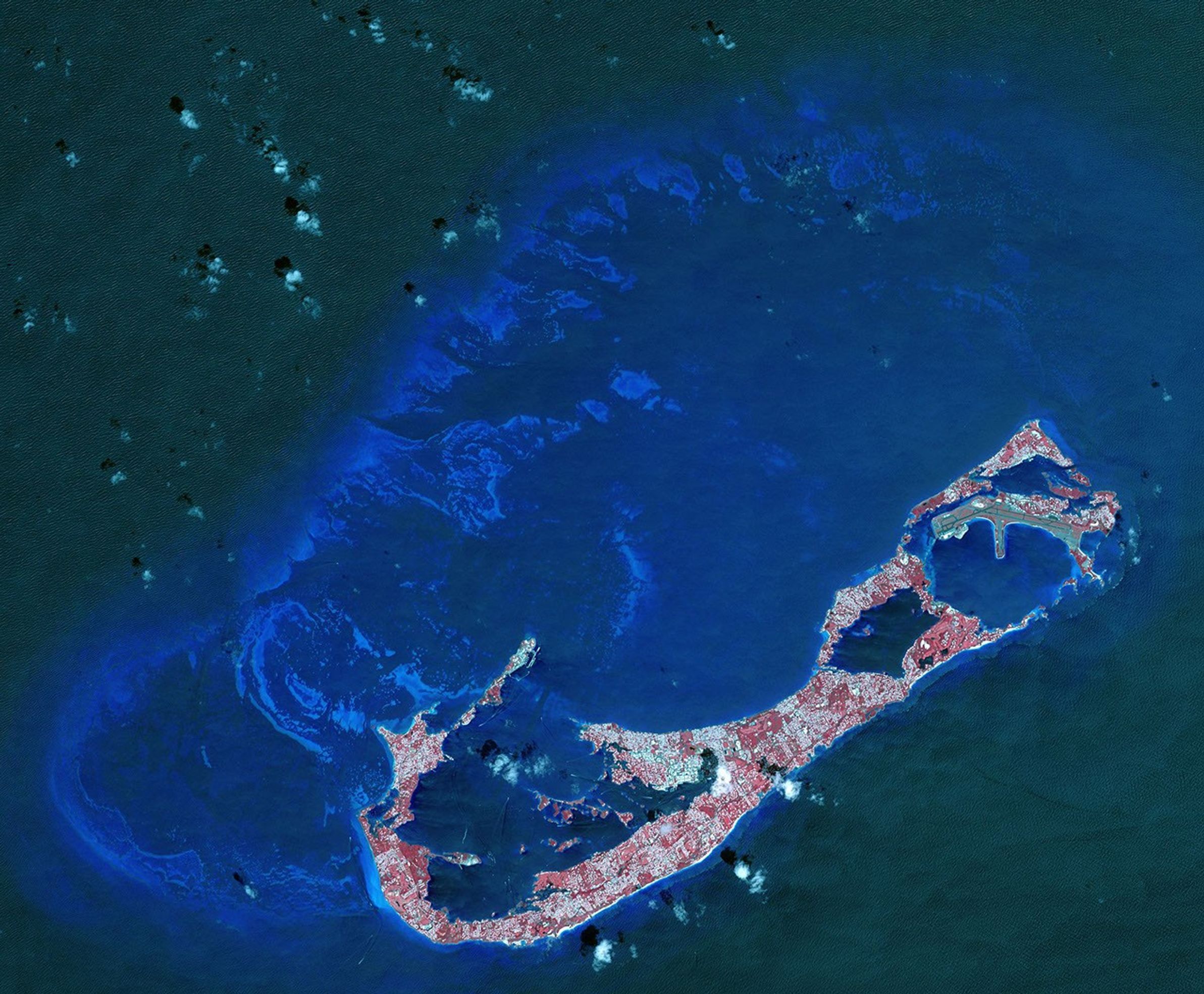 This image from NASA's Terra spacecraft shows Bermuda, a British Overseas Territory in the western Atlantic off the east coast of North America. The uninhabited islands were first discovered in 1503 by the Spanish explorer Juan de Bermudez.