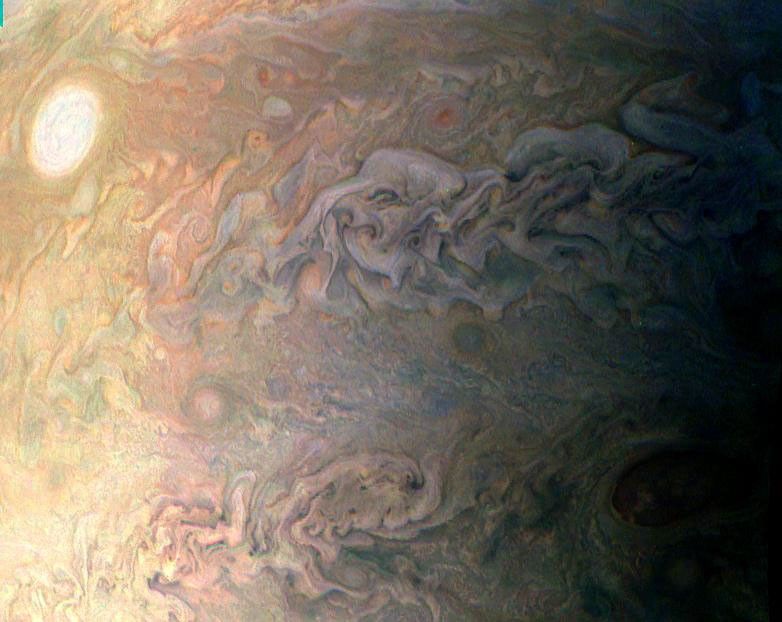 This amateur-processed image was taken on Dec. 11, 2016, as NASA's Juno spacecraft performed its third close flyby of Jupiter. citizen scientist (Eric Jorgensen) cropped this JunoCam image, enhanced the color to draw attention to Jupiter's swirling clouds