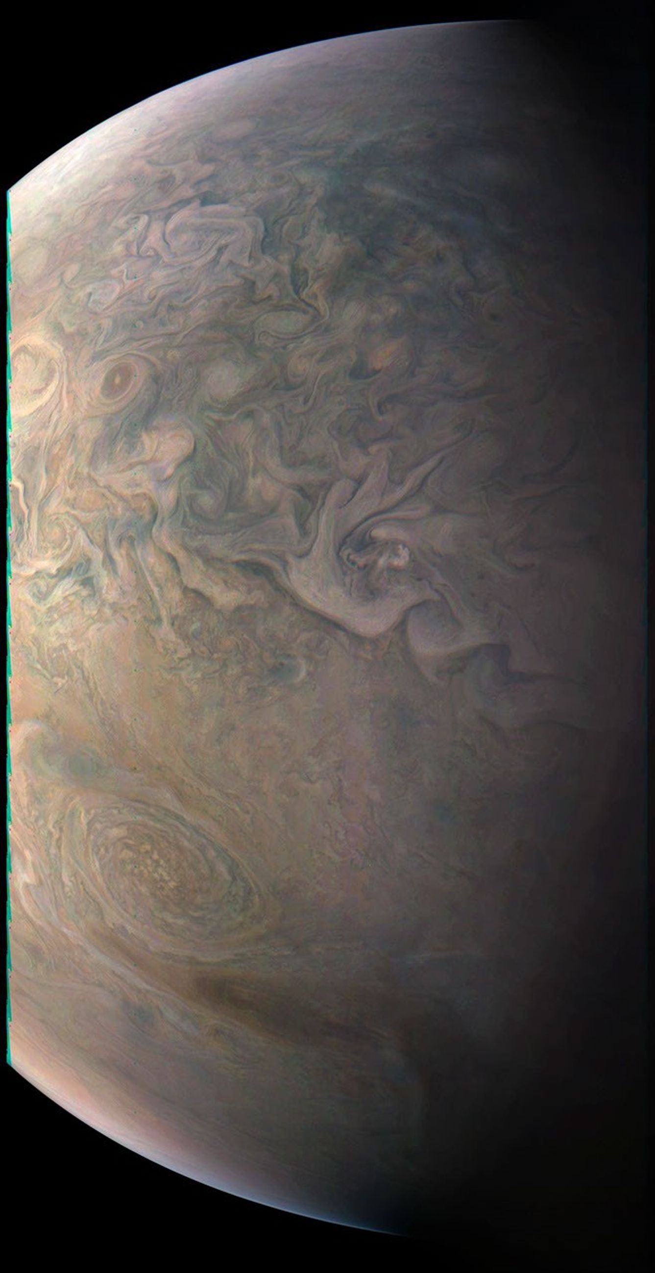 The JunoCam imager on NASA's Juno spacecraft snapped this shot of Jupiter's northern latitudes on Dec. 11, 2016 at 8:47 a.m. PST (11:47 a.m. EST), as the spacecraft performed a close flyby of the gas giant planet.