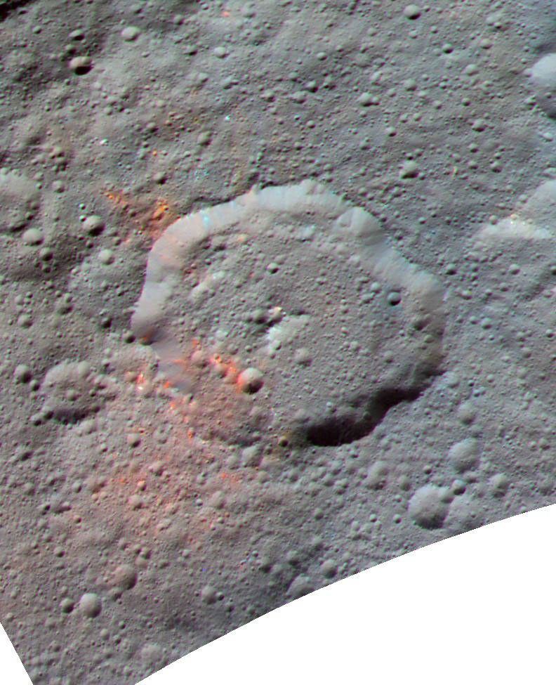 This enhanced color composite image, made with data from the framing camera aboard NASA's Dawn spacecraft, shows the area around Ernutet crater. The bright red portions appear redder with respect to the rest of Ceres.