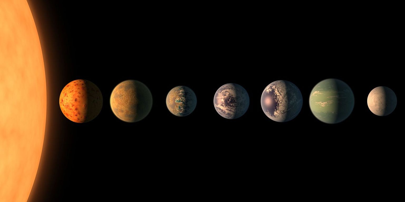 This artist's concept shows what the TRAPPIST-1 planetary system may look like, based on available data about the planets' diameters, masses and distances from the host star.