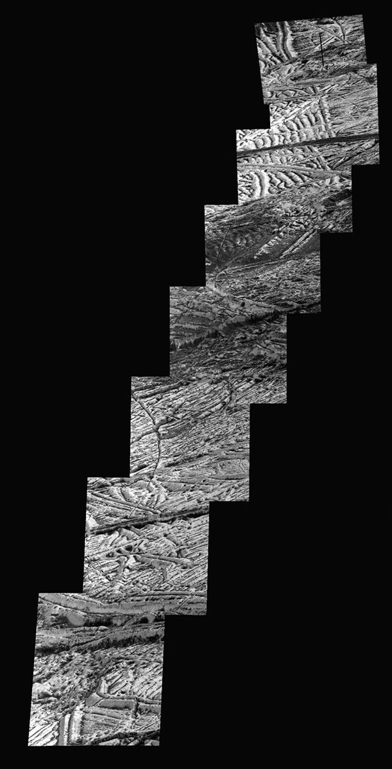 This mosaic of images includes the most detailed view of the surface of Jupiter's moon Europa obtained by NASA's Galileo mission.
