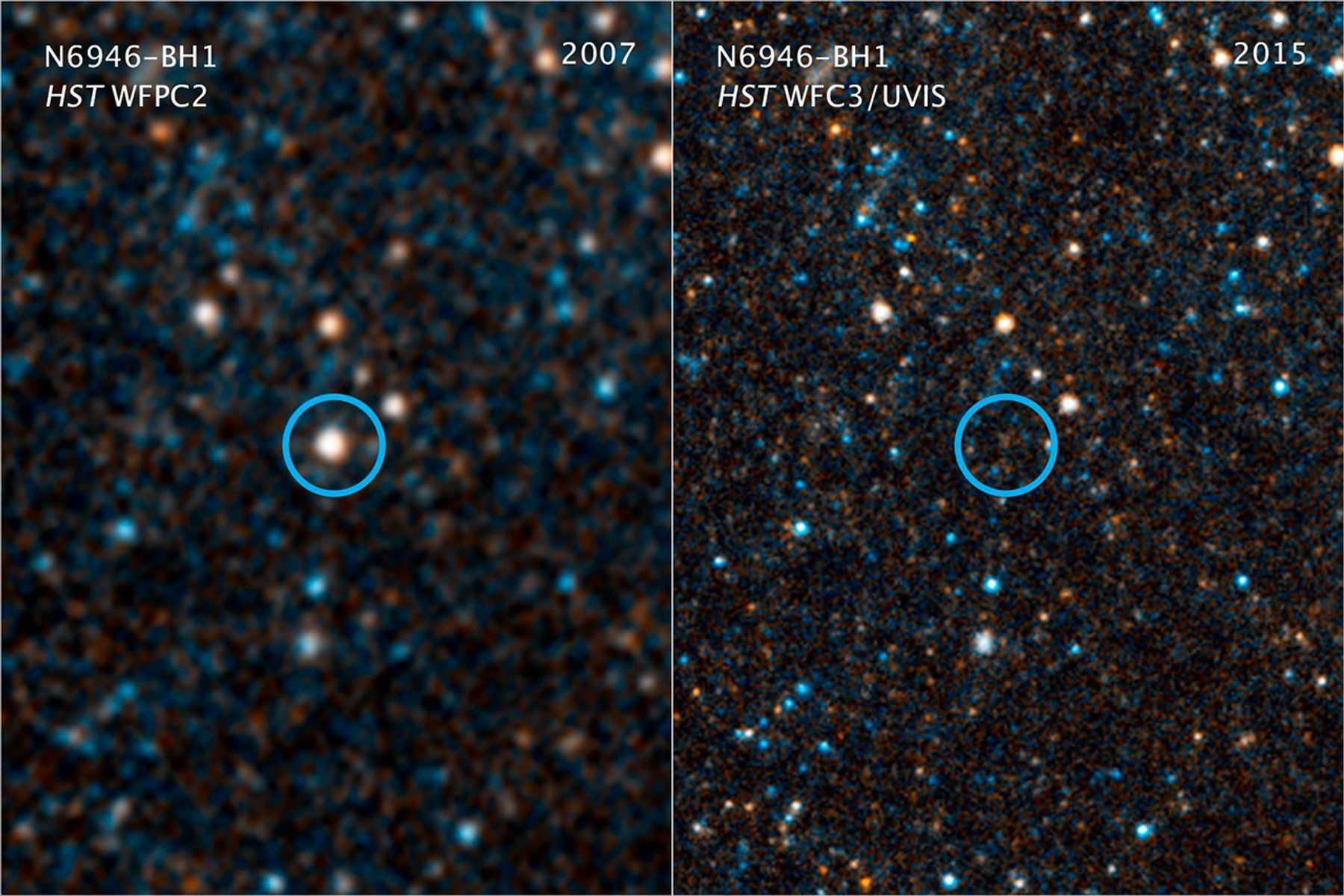 This pair of visible-light and near-infrared photos from NASA's Hubble Space Telescope shows the giant star N6946-BH1 before and after it vanished out of sight by imploding to form a black hole.