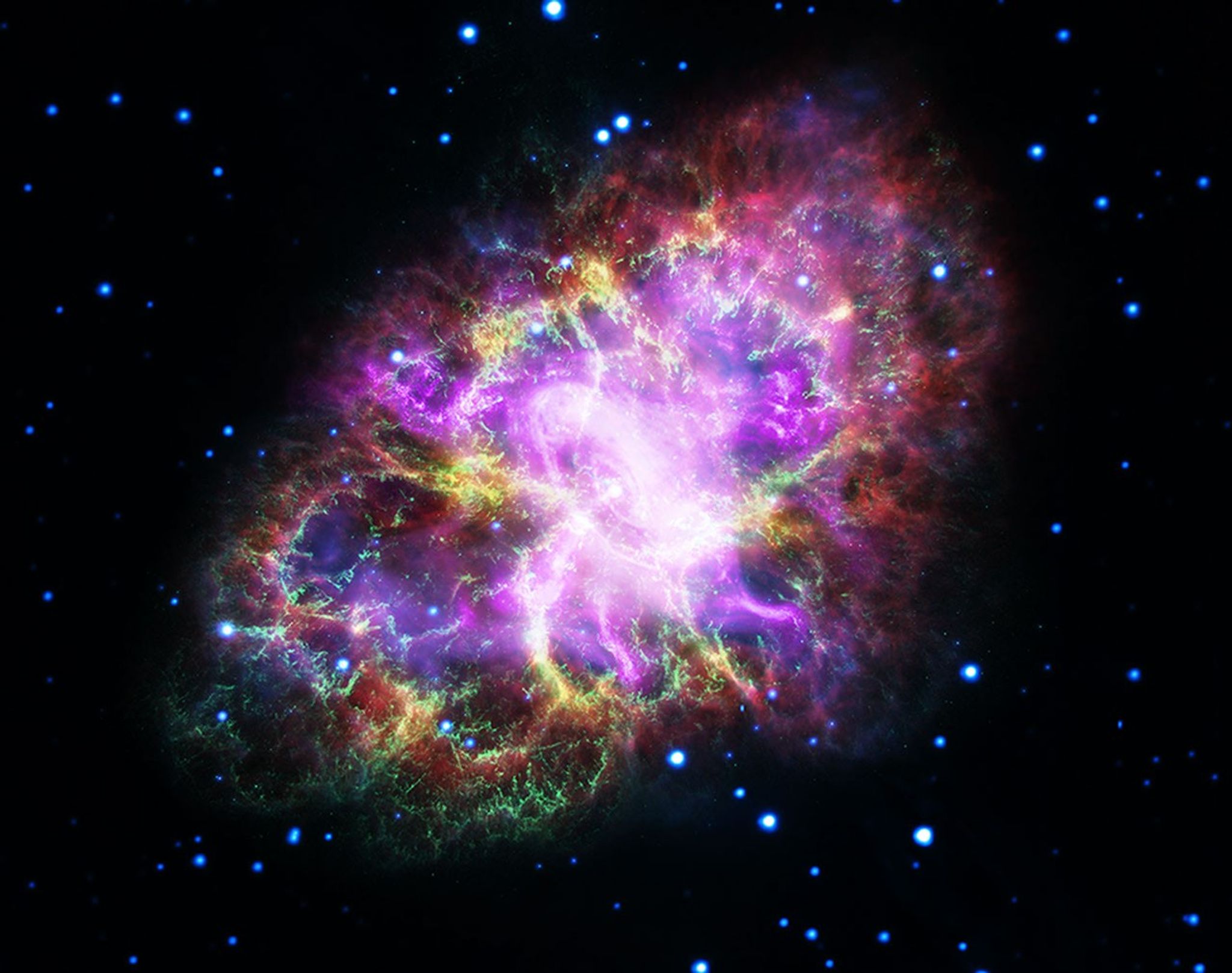 This image of the Crab Nebula combines data from five different telescopes. It is know as the expanding gaseous remnant from a star that self-detonated as a supernova, briefly shining as brightly as 400 million suns.