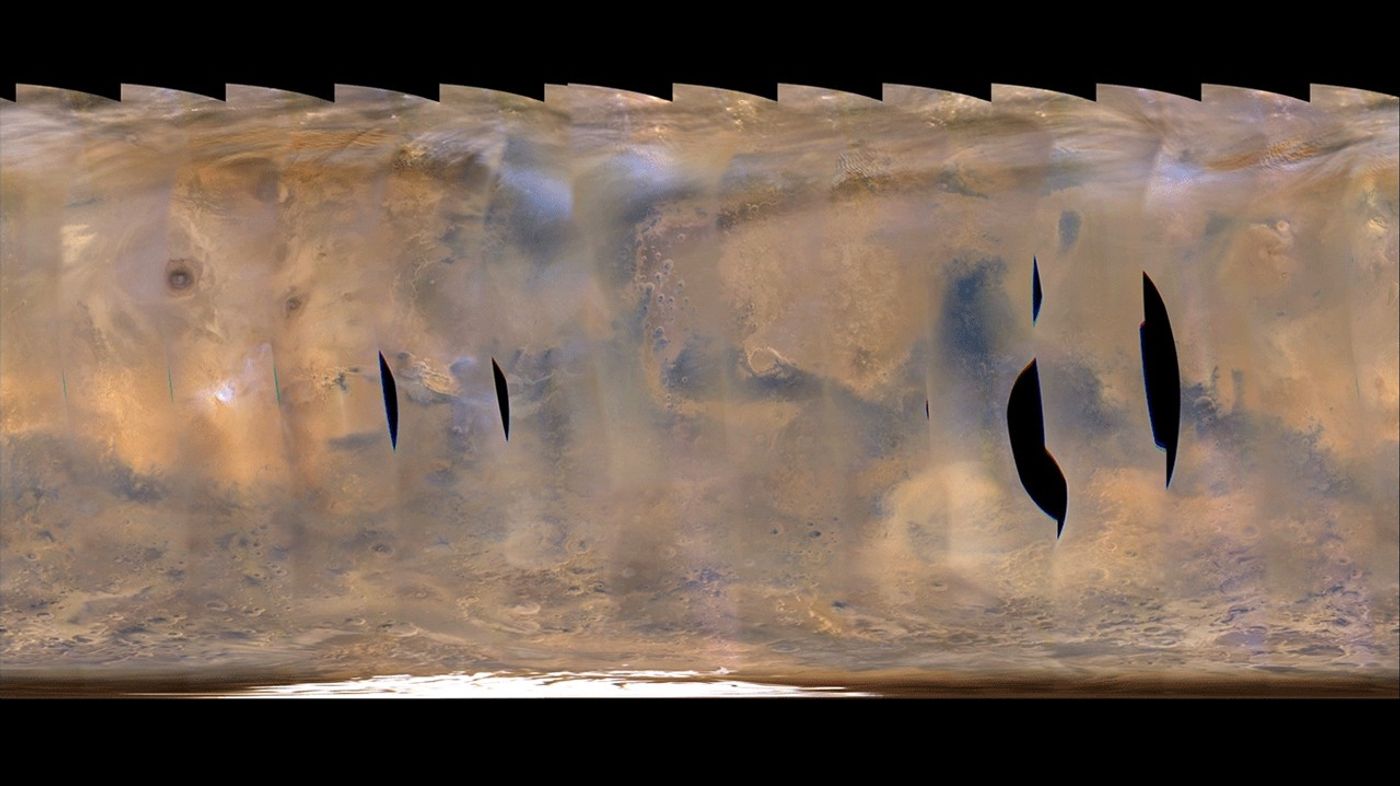 This frame from a movie clip of hundreds of images from NASA's Mars Reconnaissance Orbiter shows a global map of Mars with atmospheric changes from Feb. 18, 2017 through March 6, 2017, a period when two regional-scale dust storms appeared.