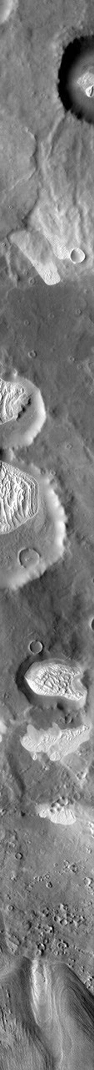This infrared image from NASA's 2001 Mars Odyssey spacecraft covers a large swath of Terra Cimmeria, including numerous craters with dunes and dune fields on their floors.