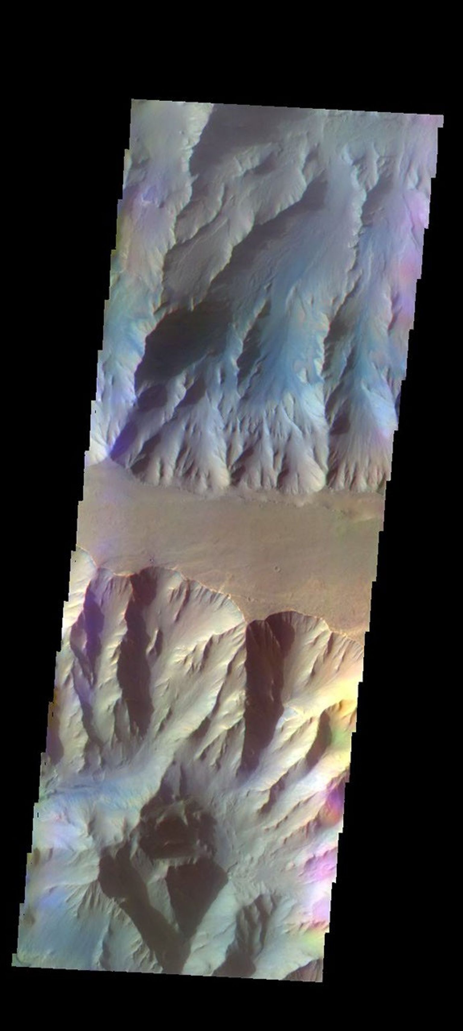 The THEMIS camera contains 5 filters. The data from different filters can be combined in multiple ways to create a false color image. This image from NASA's 2001 Mars Odyssey spacecraft shows part of Coprates Chasma.