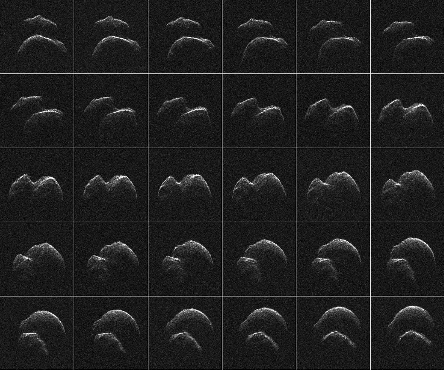 This composite of 30 images of asteroid 2014 JO25 was generated with radar data collected using NASA's Goldstone Solar System Radar in California's Mojave Desert.