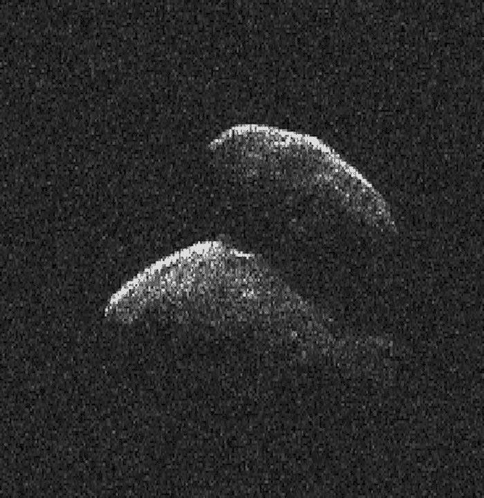 This frame from a movie of asteroid 2014 JO25 was generated using radar data collected by NASA's 230-foot-wide (70-meter) Deep Space Network antenna at Goldstone, California on April 19, 2017.