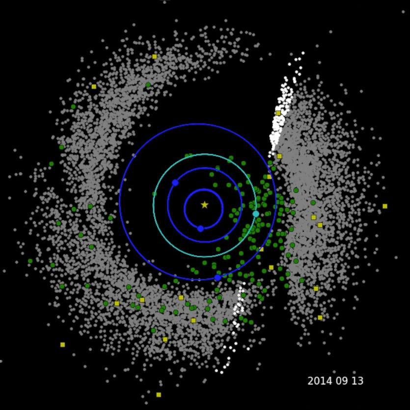 This frame from an animation shows NASA's NEOWISE's third year of survey data with the spacecraft discovering 97 previously unknown celestial objects in the last year.