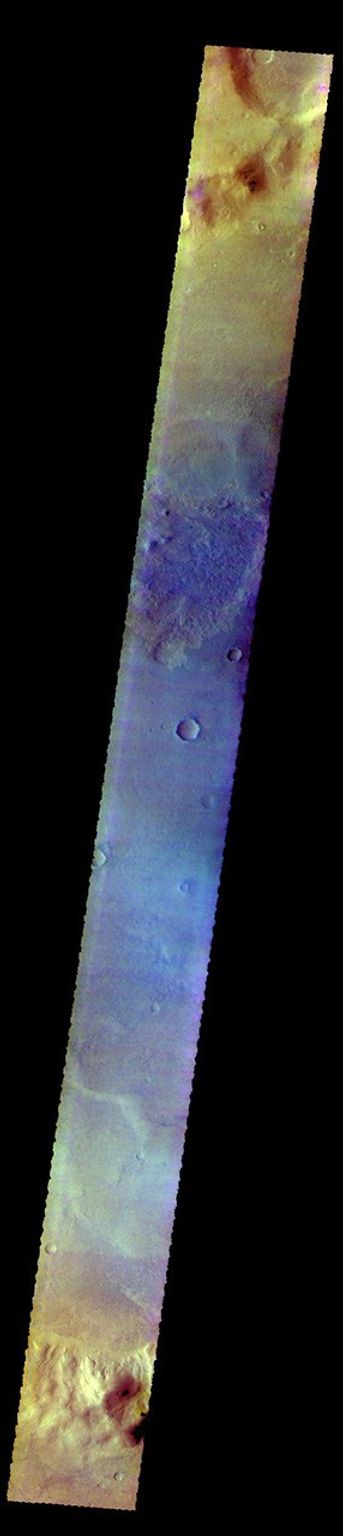 The THEMIS camera contains 5 filters. Data from different filters can be combined in many ways to create a false color image. This image from NASA's 2001 Mars Odyssey spacecraft shows part of Proctor Crater in Noachis Terra.