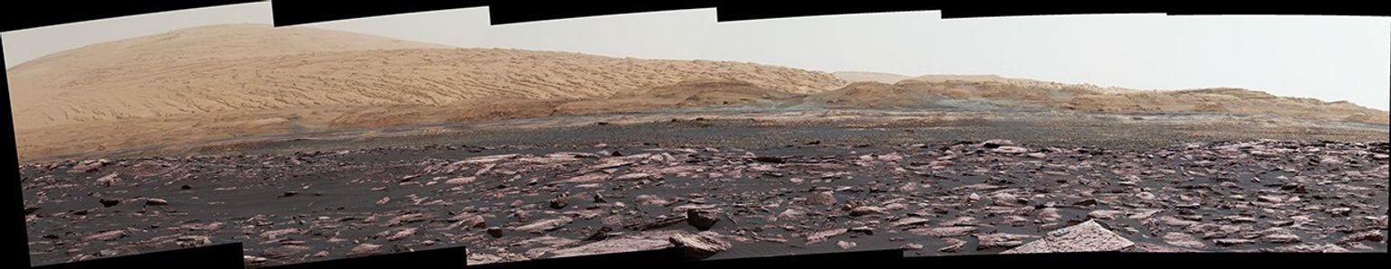 This look ahead from NASA's Curiosity Mars rover includes four geological layers to be examined by the mission, and higher reaches of Mount Sharp beyond the planned study area.