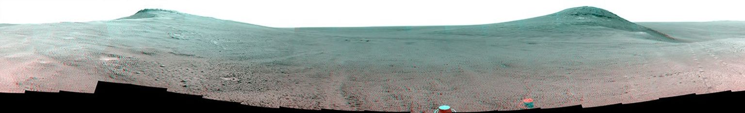 This June 2017 stereo view from NASA's Opportunity Mars rover shows the area just above 'Perseverance Valley' on the rim of a crater.