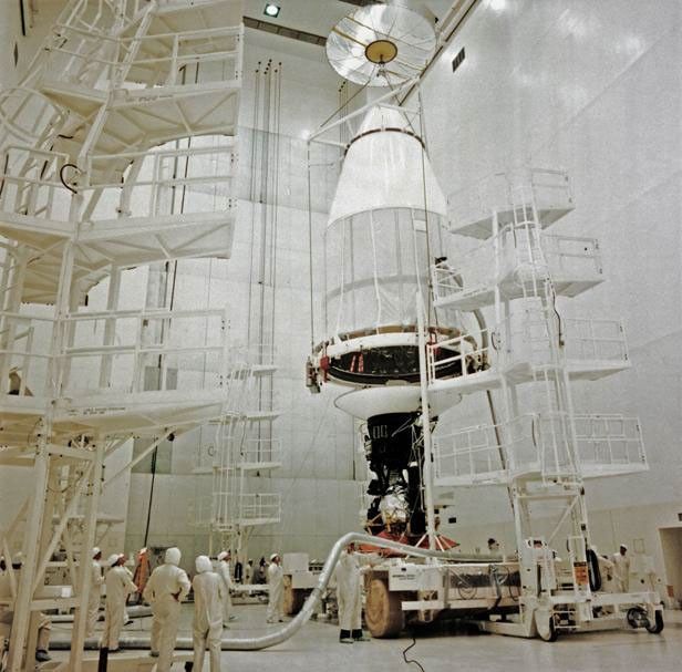 This archival photo shows NASA's Voyager 2 at the Spacecraft Assembly and Encapsulation Facility at NASA's Kennedy Space Center in Cape Canaveral, Florida.