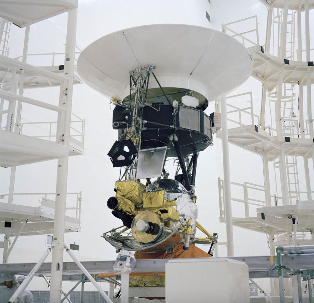 This archival photo shows the encapsulation of NASA's Voyager Development Test Model at NASA's Kennedy Space Center's Eastern Test Range. The picture was taken on October 8, 1976.