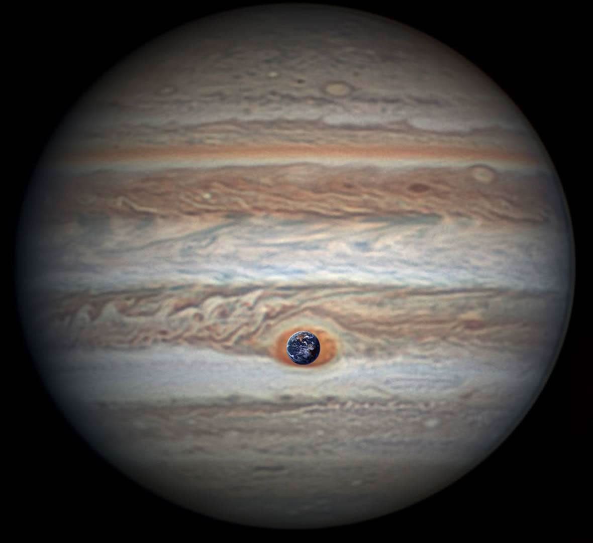 This composite image was generated by combining NASA imagery of Earth with an image of Jupiter taken by astronomer Christopher Go. Jupiter's Great Red Spot is 1.3 times as wide as Earth.