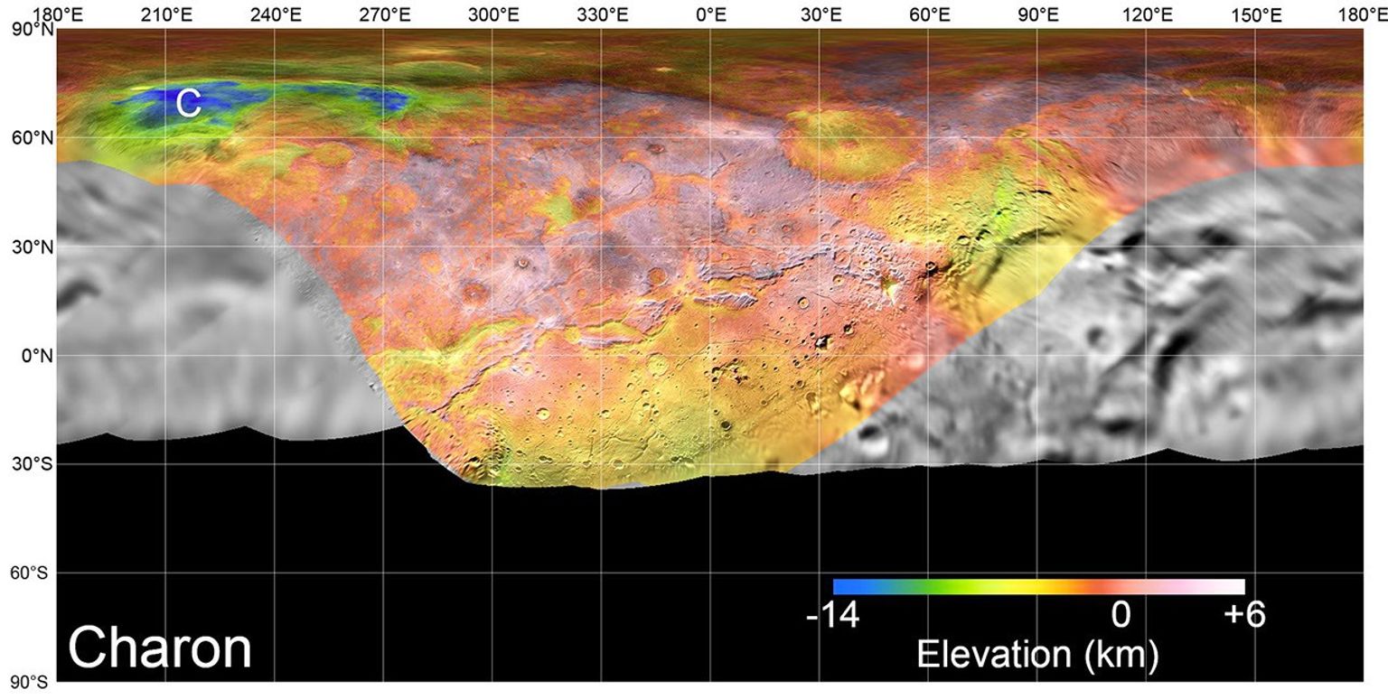 This detailed, high-quality global mosaic of Pluto's largest moon, Charon, was assembled from nearly all of the highest-resolution images obtained by NASA's New Horizons.